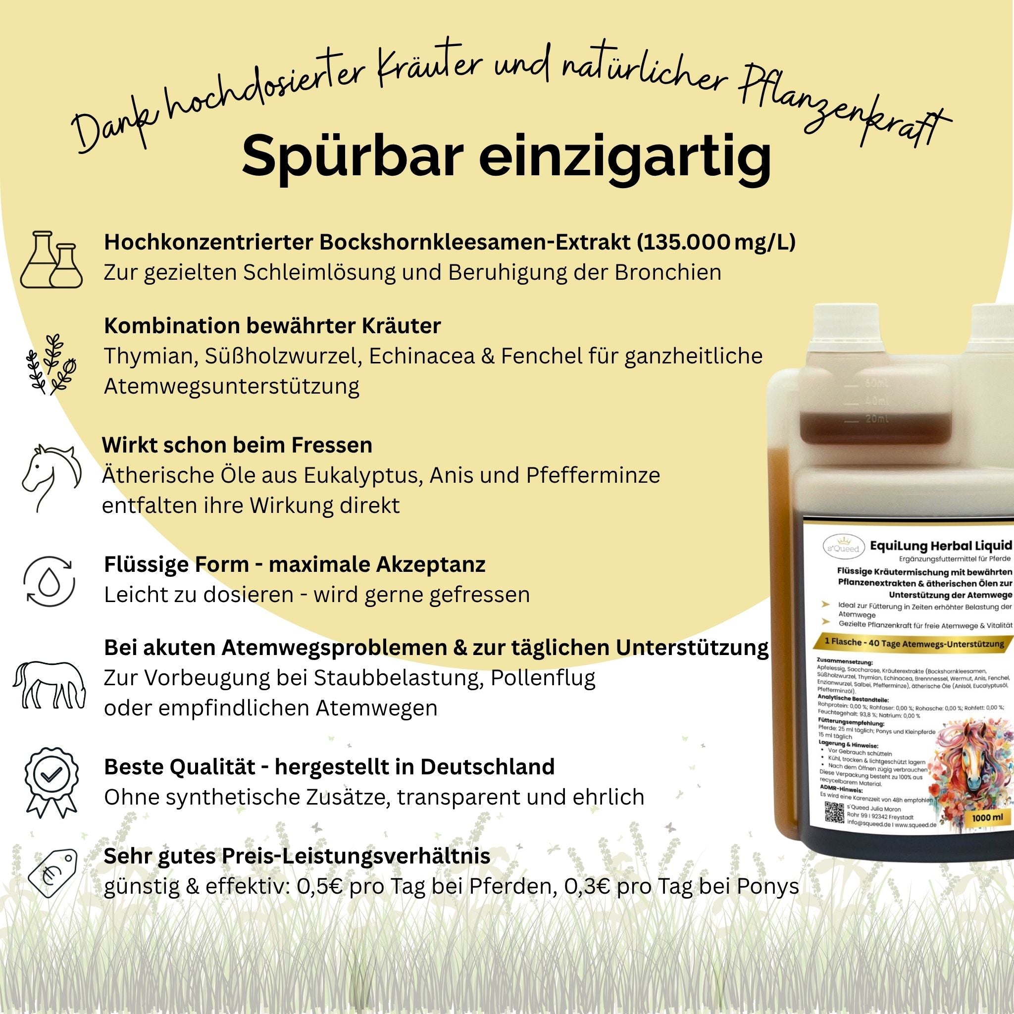 EquiLung Herbal Liquid – flüssiges Ergänzungsfuttermittel zur Unterstützung der Atemwege bei Pferden