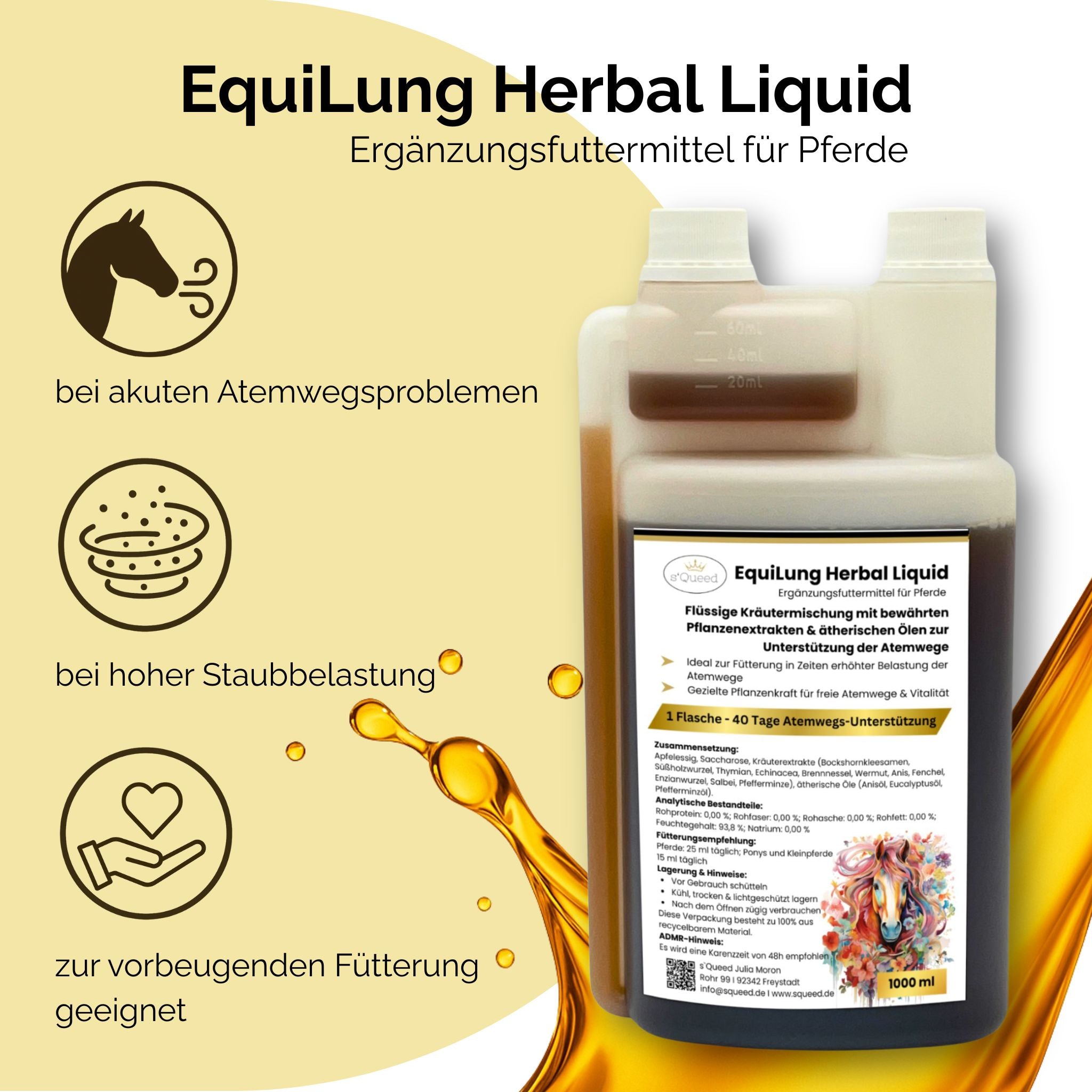 EquiLung Herbal Liquid – flüssiges Ergänzungsfuttermittel zur Unterstützung der Atemwege bei Pferden