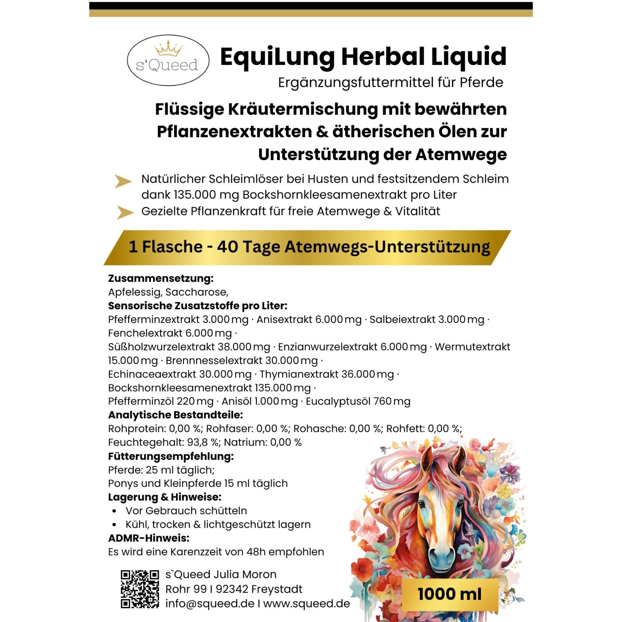 EquiLung Herbal Liquid – flüssiges Ergänzungsfuttermittel zur Unterstützung der Atemwege bei Pferden
