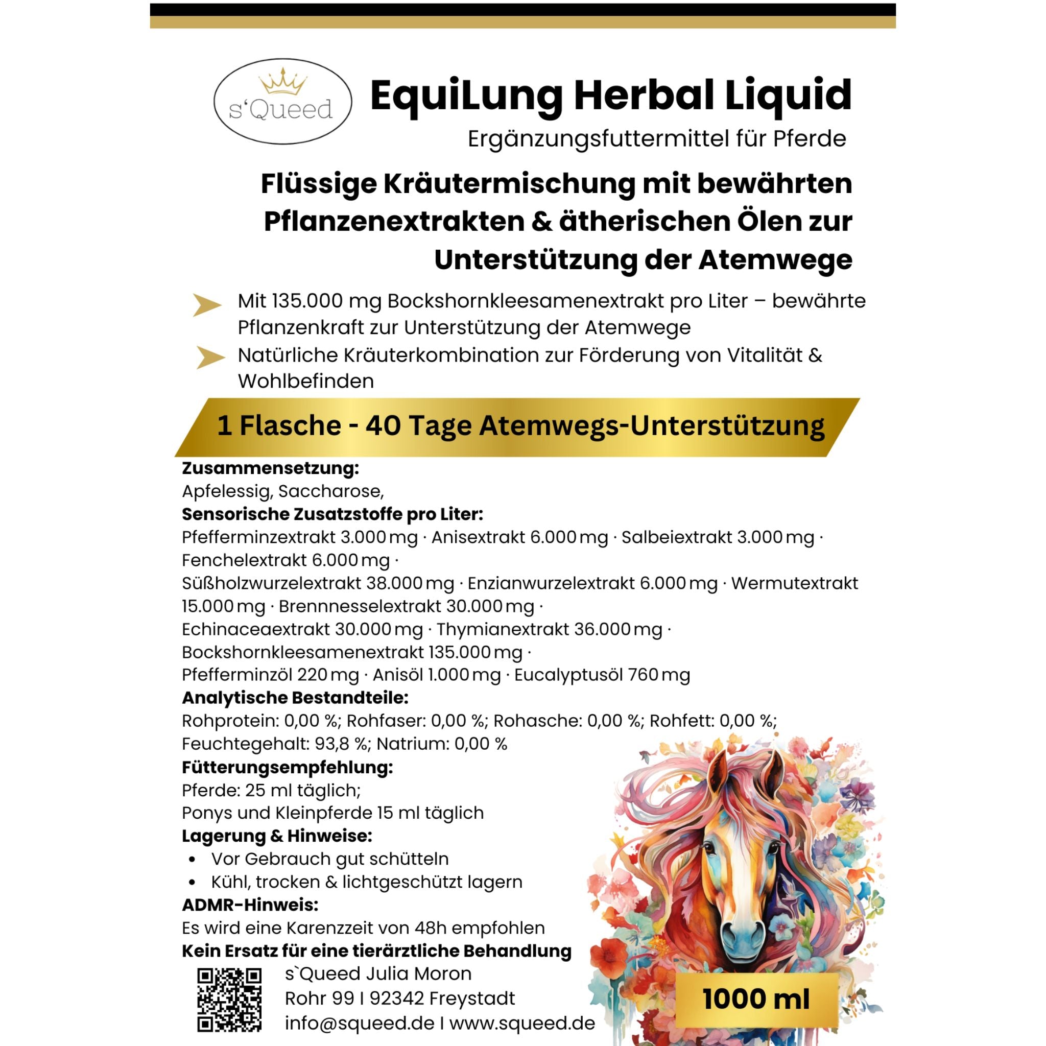 EquiLung Herbal Liquid 1000ml – flüssiges Ergänzungsfuttermittel zur Unterstützung der Atemwege bei Pferden