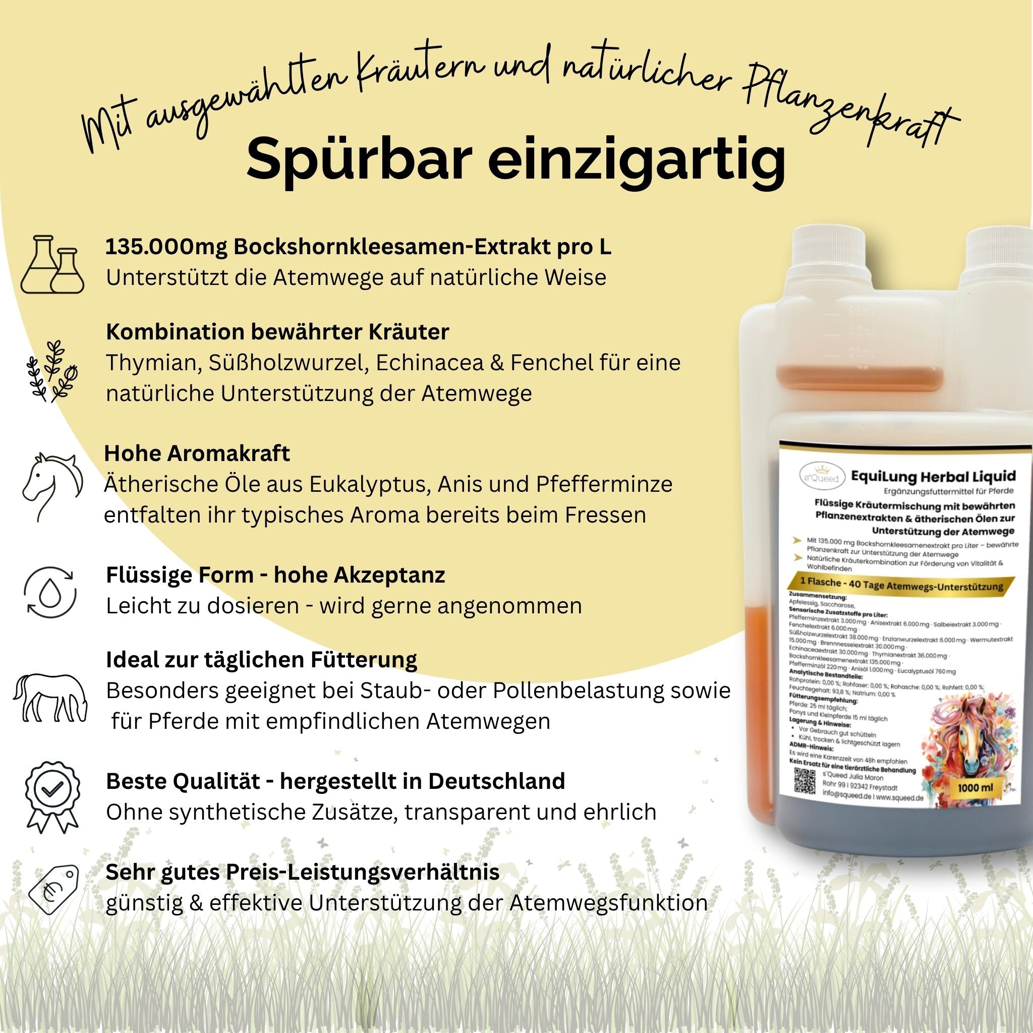 EquiLung Herbal Liquid 1000ml – flüssiges Ergänzungsfuttermittel zur Unterstützung der Atemwege bei Pferden