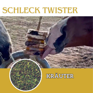 Schleck Twister Spielzeug für Pferde; Set aus Birkenholzhalterung und 2 Schleck Twister Scheiben deiner Wahl