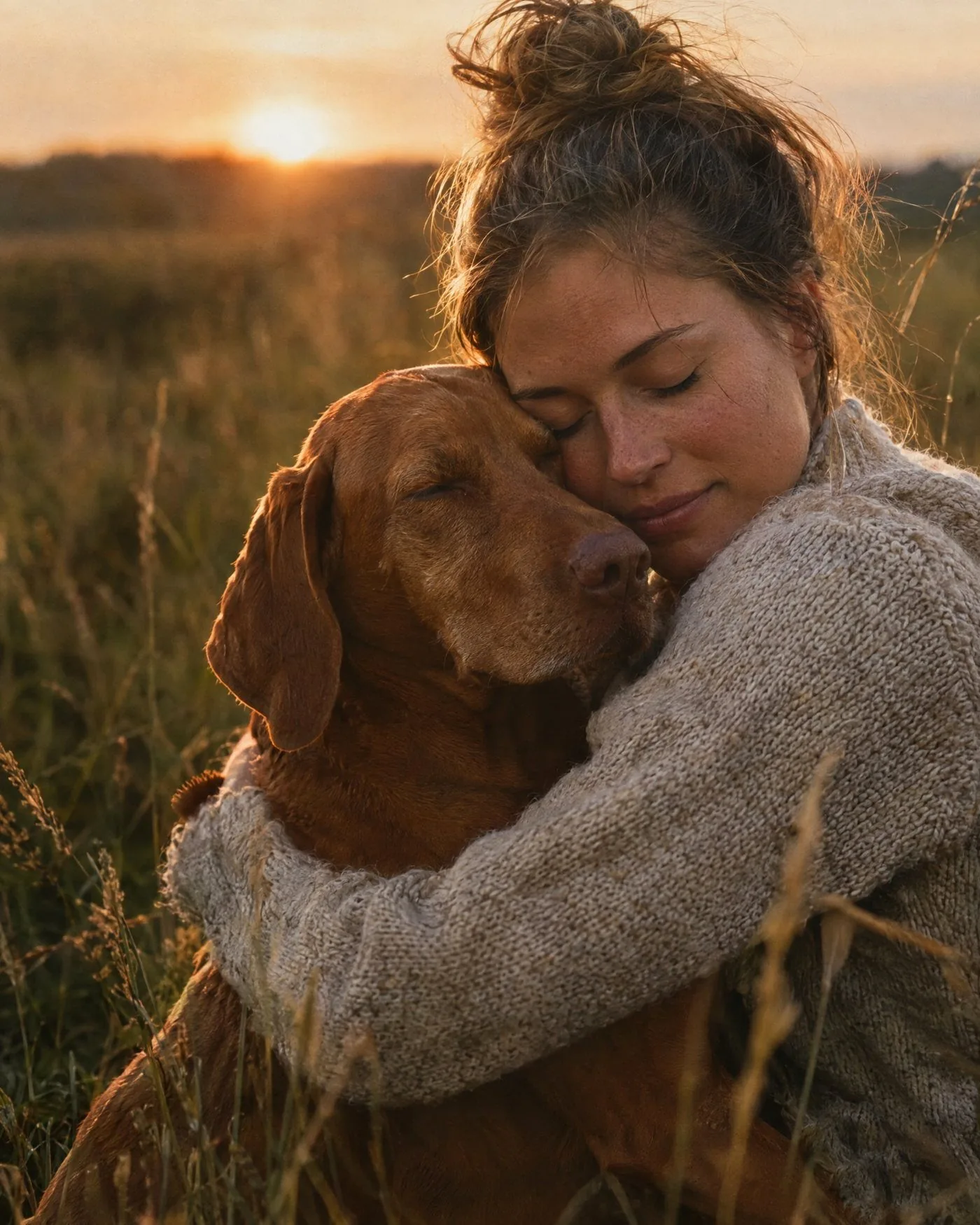 Eine Frau umarmt ihren Hund in der Abendsonne (Symbolbild)