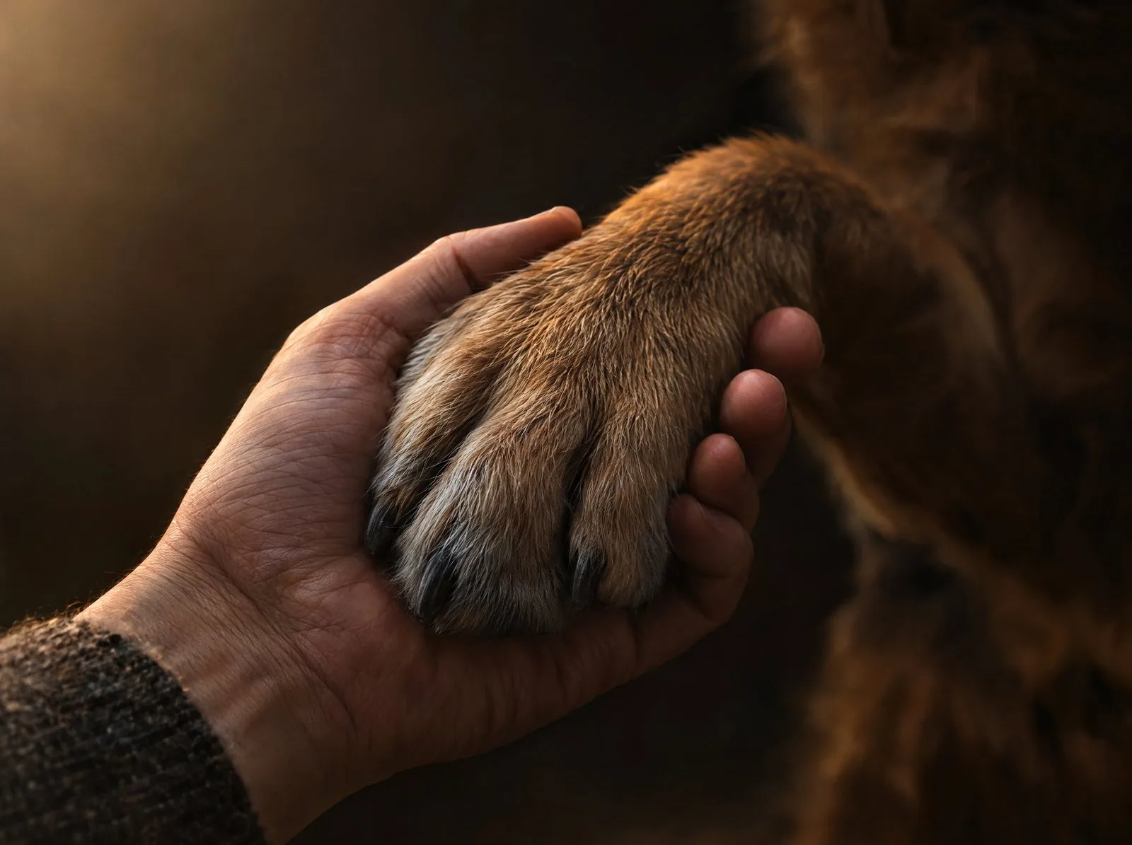 Eine Hand hält behutsam die Pfote eines Hundes (Symbolbild)