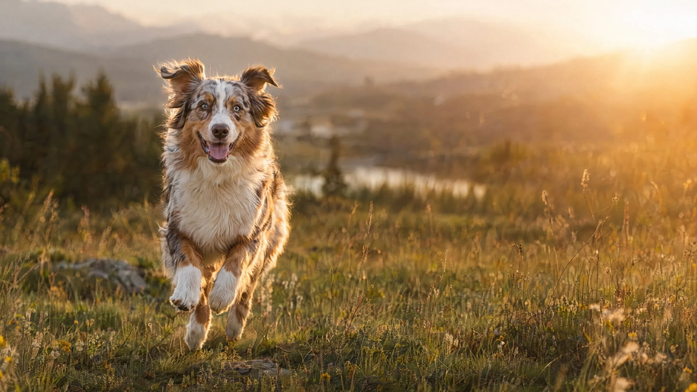 Hund mit Beinorthese läuft über eine Wiese im Abendlicht (Symbolbild)