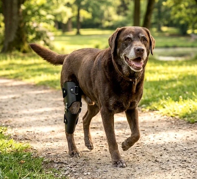 Labrador mit Knieorthese nach Maß im Park