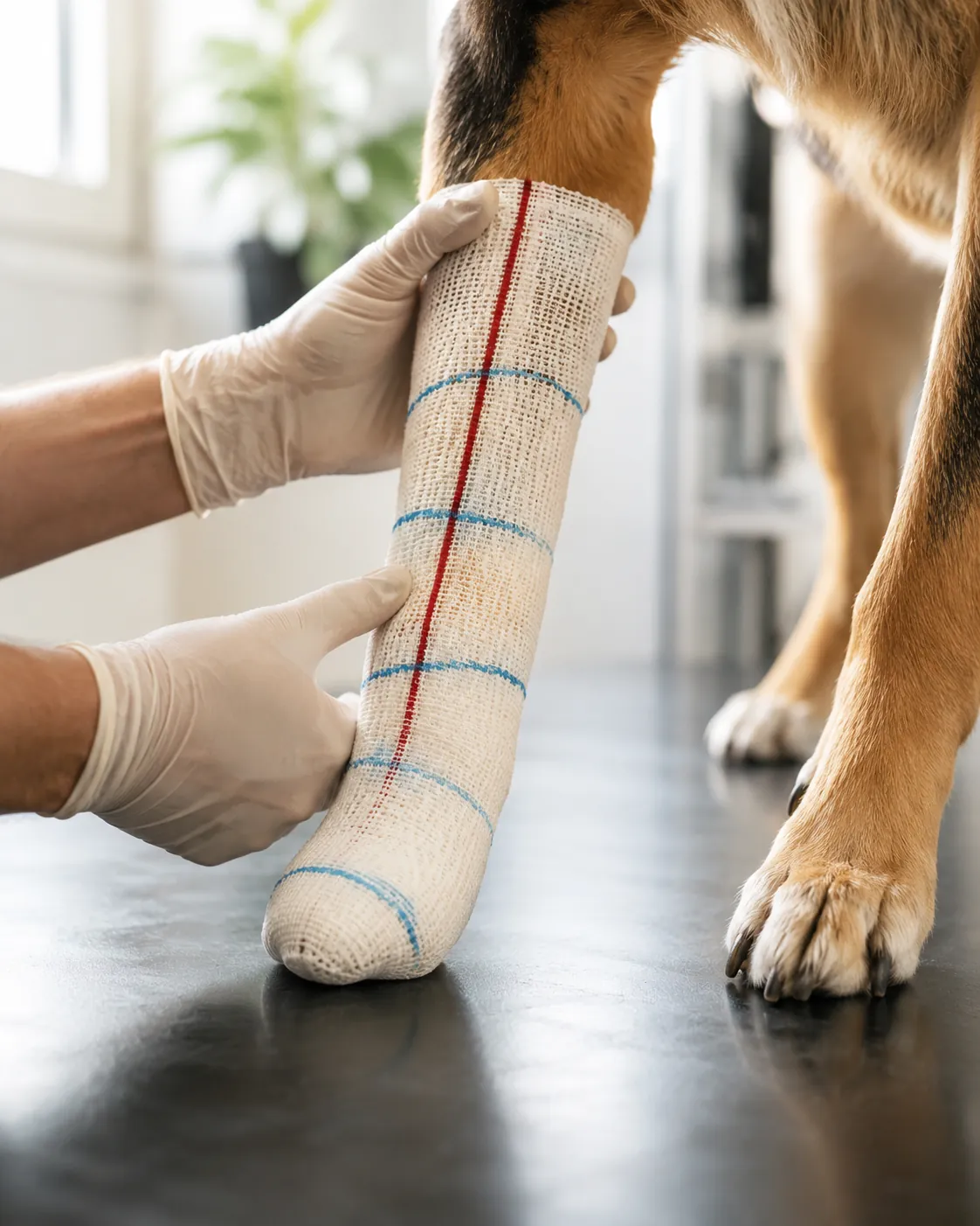 Castabdruck am Bein des Hundes, mit farbigen Markierungen für den späteren Schnitt.