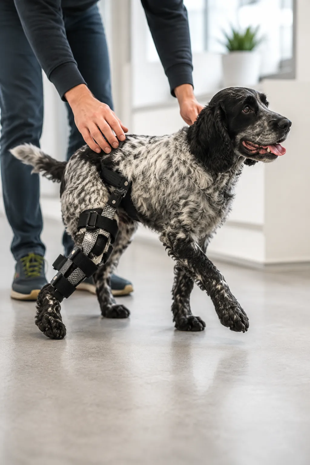 Der Hund läuft mit der fertigen Orthese am Hinterlauf durch die Werkstatt.