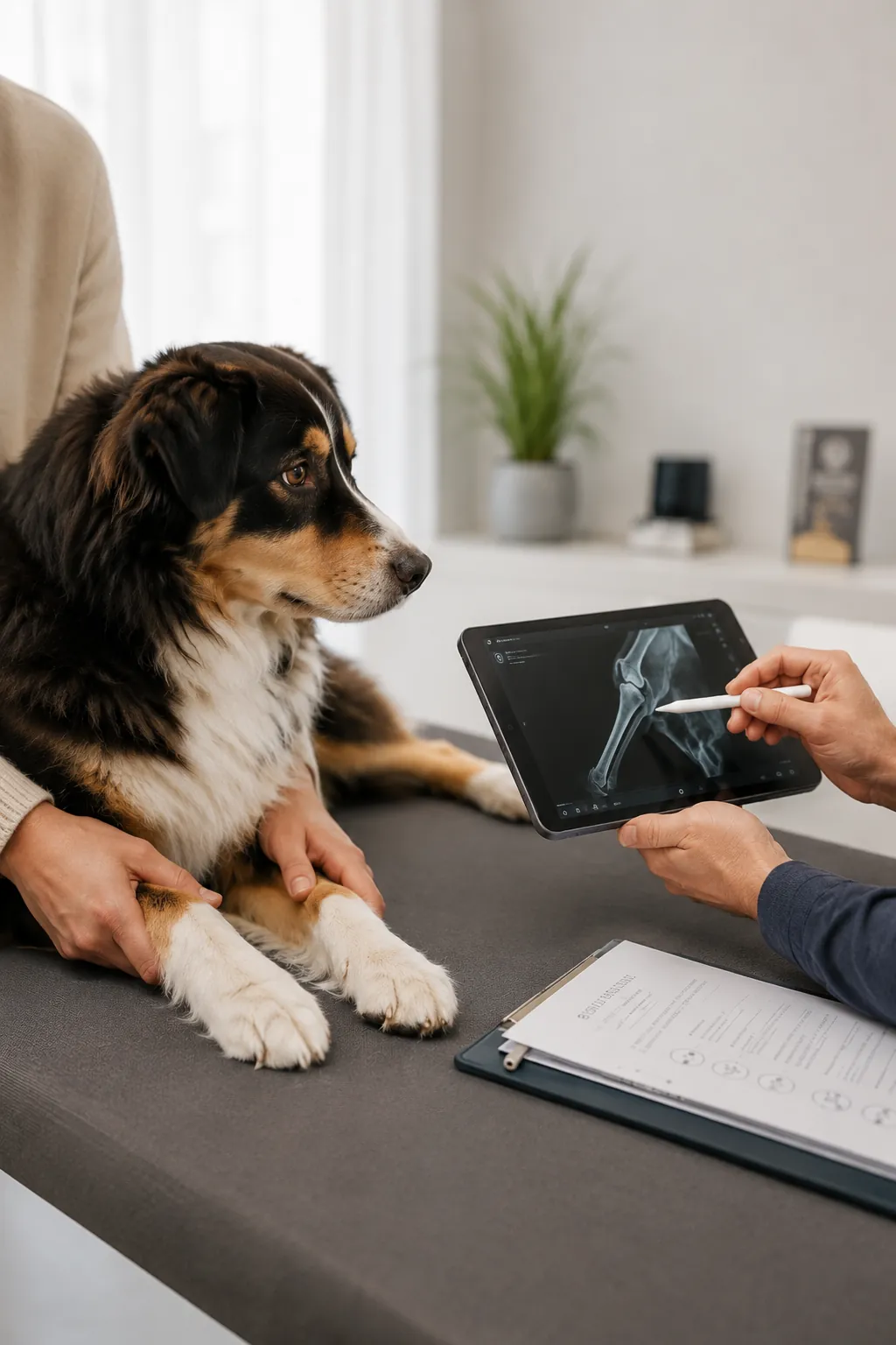 Beratung: Diagnose und Röntgenbild werden am Tablet besprochen, der Hund liegt auf dem Behandlungstisch.